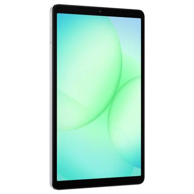Ein schlankes Tablet mit einem schwarzen Rahmen, das einen lebendigen grünen abstrakten Hintergrund zeigt.
