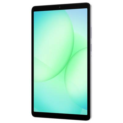 Ein Tablet mit schlankem Design, silbernem Rahmen und einem Bildschirm, der einen türkisfarbenen und grünen abstrakten Hintergrund zeigt.