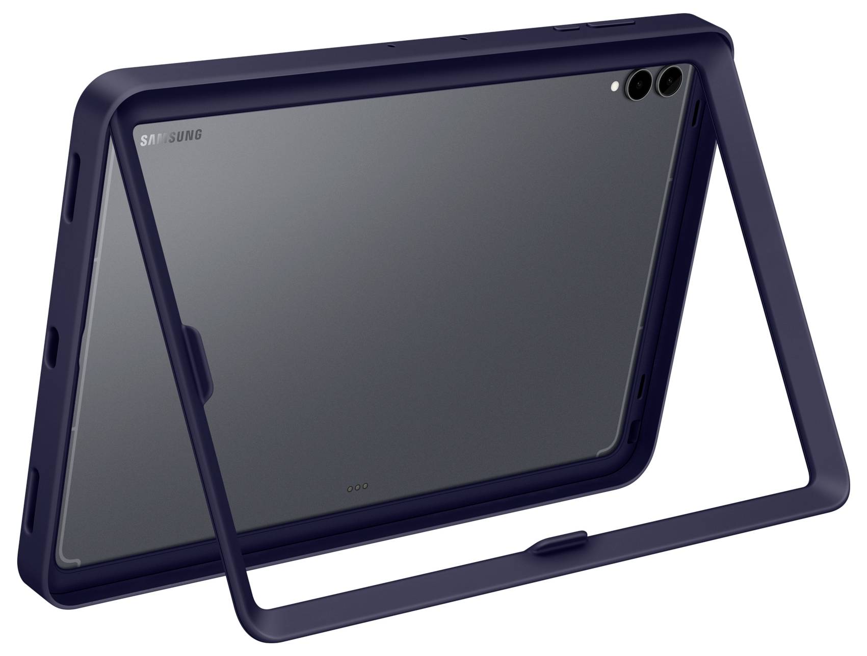 Ein Tablet mit Dual-Kamera wird in einem blauen Ständer platziert, von hinten betrachtet, wobei sein schlankes Design für die Nutzung ohne Hände geeignet ist.