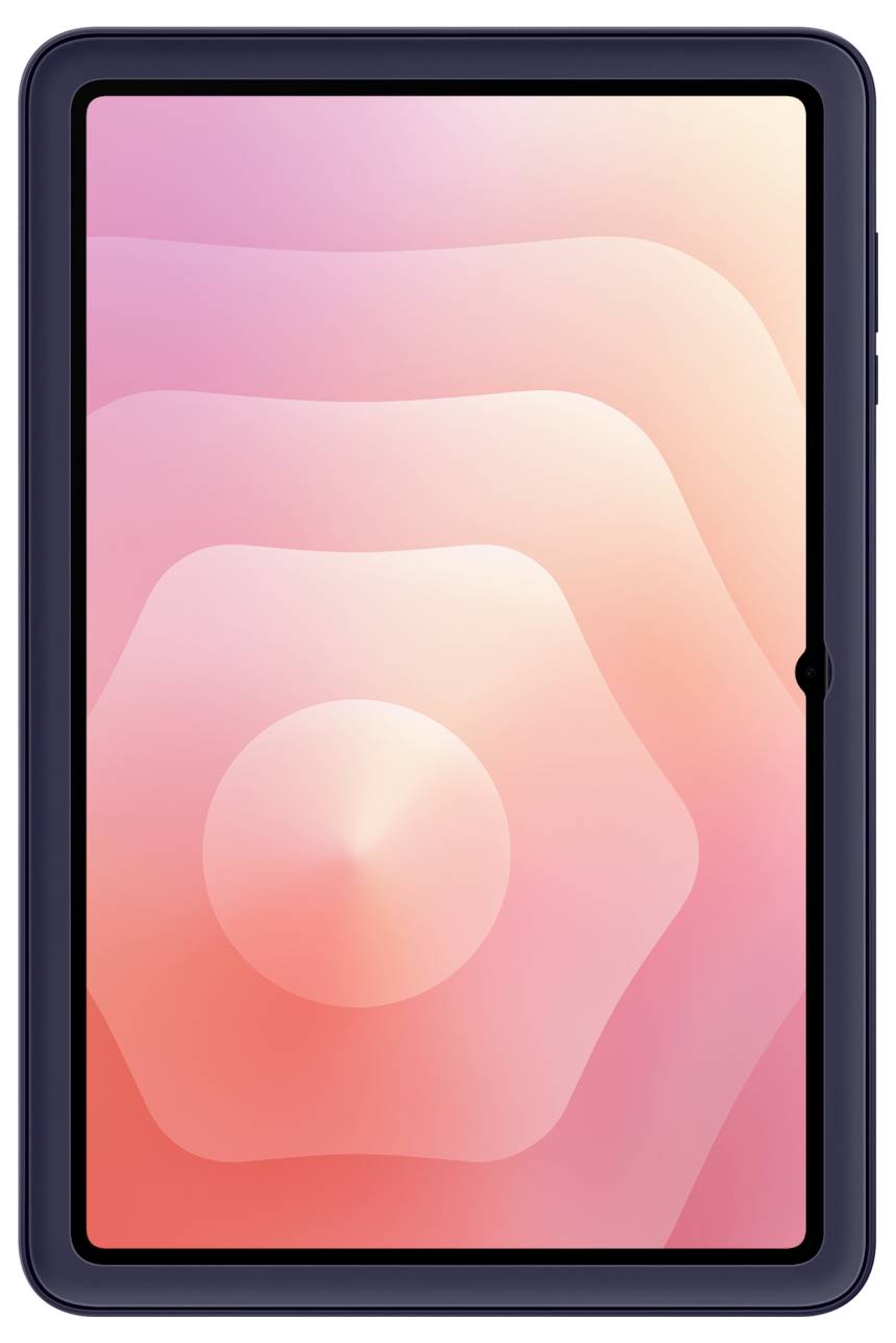 Ein Tablet mit einem Display, das einen rosa und orangefarbenen Verlaufshintergrund mit kreisförmigen Mustern zeigt. Das Gerät verfügt über einen dunklen Rahmen und einen Einschaltknopf an der Seite.