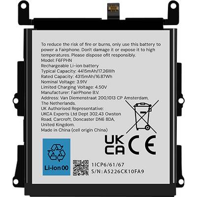 Eine Lithium-Ionen-Batterie für ein Fairphone, die Sicherheitshinweise, Modellnummer, Spannung und Herstellerangaben zeigt.