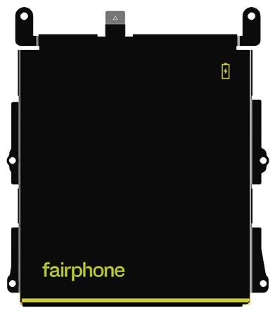 Schwarzer Akkupack mit der Beschriftung "fairphone", mit einer kleinen Batterie- und Ladungssymbol-Ikone in der oberen rechten Ecke.