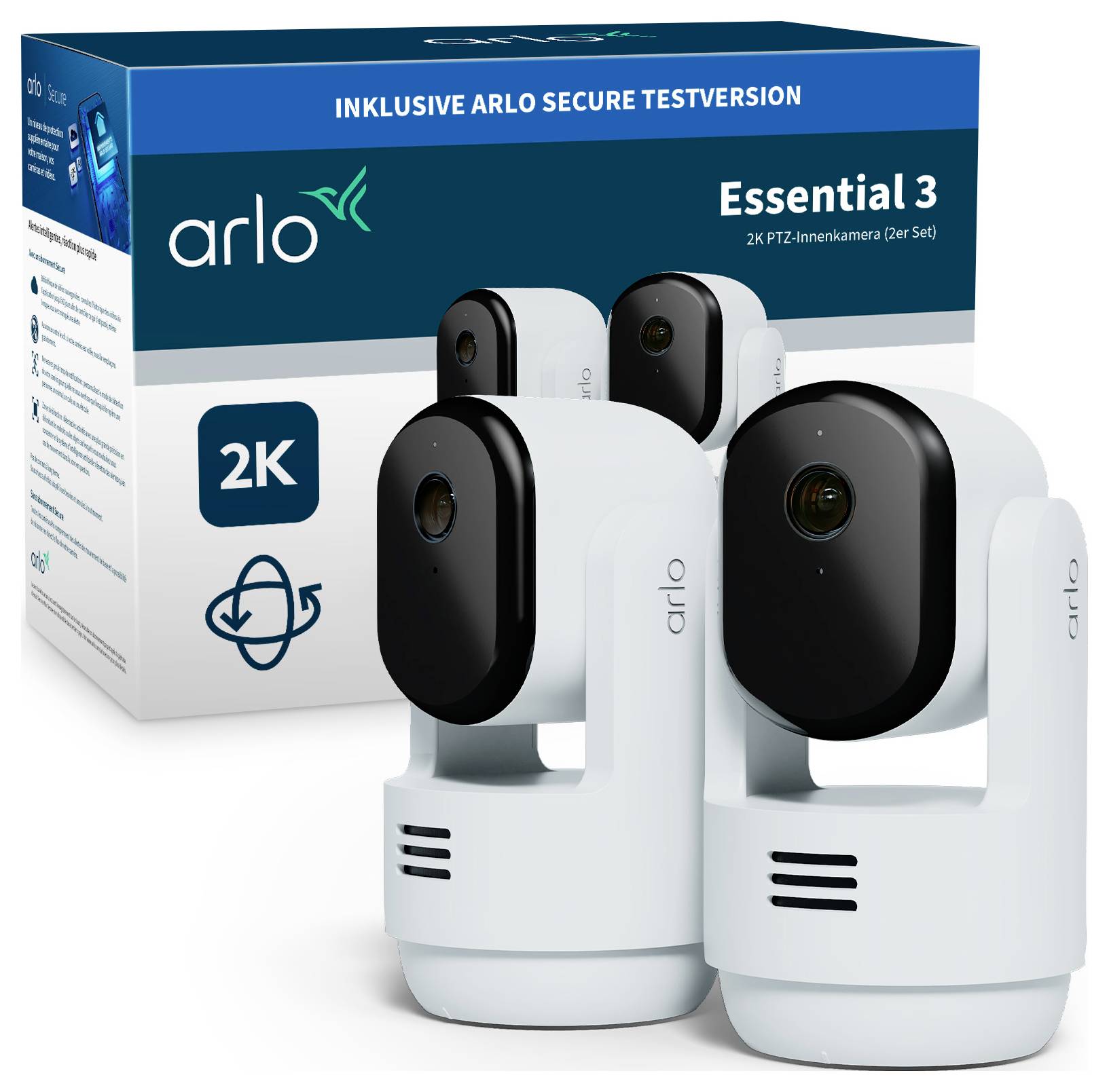 Arlo Essential 3 2K Indoor PTZ-Kameraset, bestehend aus zwei weißen Kameras mit schwarzen Objektiven vor blau-grüner Verpackungsbox.