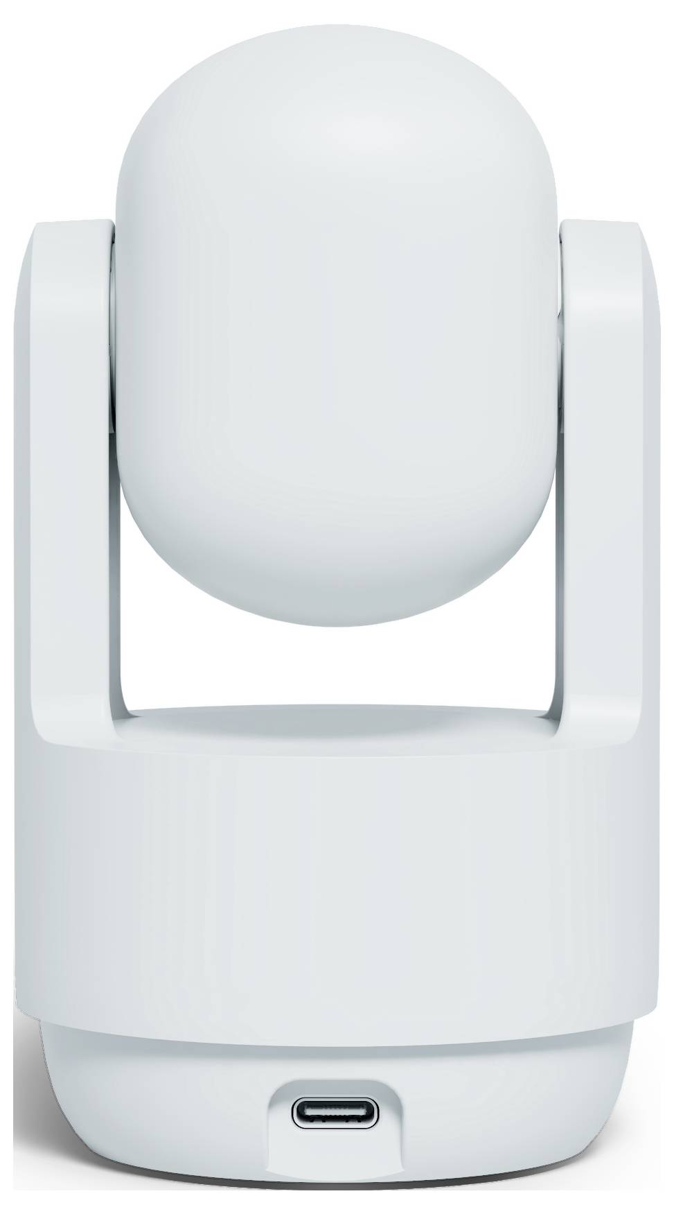 Ein weißes, zylindrisches Gerät mit abgerundetem Oberteil und einem USB-C-Anschluss an der Basis, das einer Smart-Home-Kamera oder einem Sensor ähnelt.