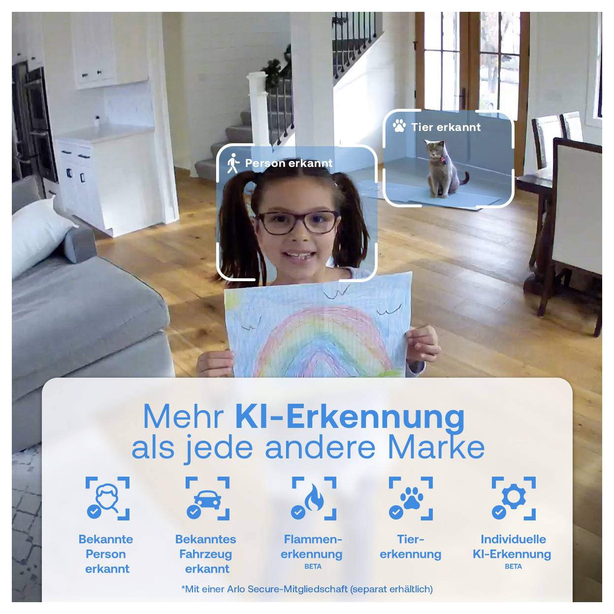 Ein Kind hält eine Regenbogenzeichnung drinnen, mit einer KI-Überlagerung, die Bereiche hervorhebt, an denen Menschen und Tiere erkannt werden. Text bewirbt KI-Erkennung.
