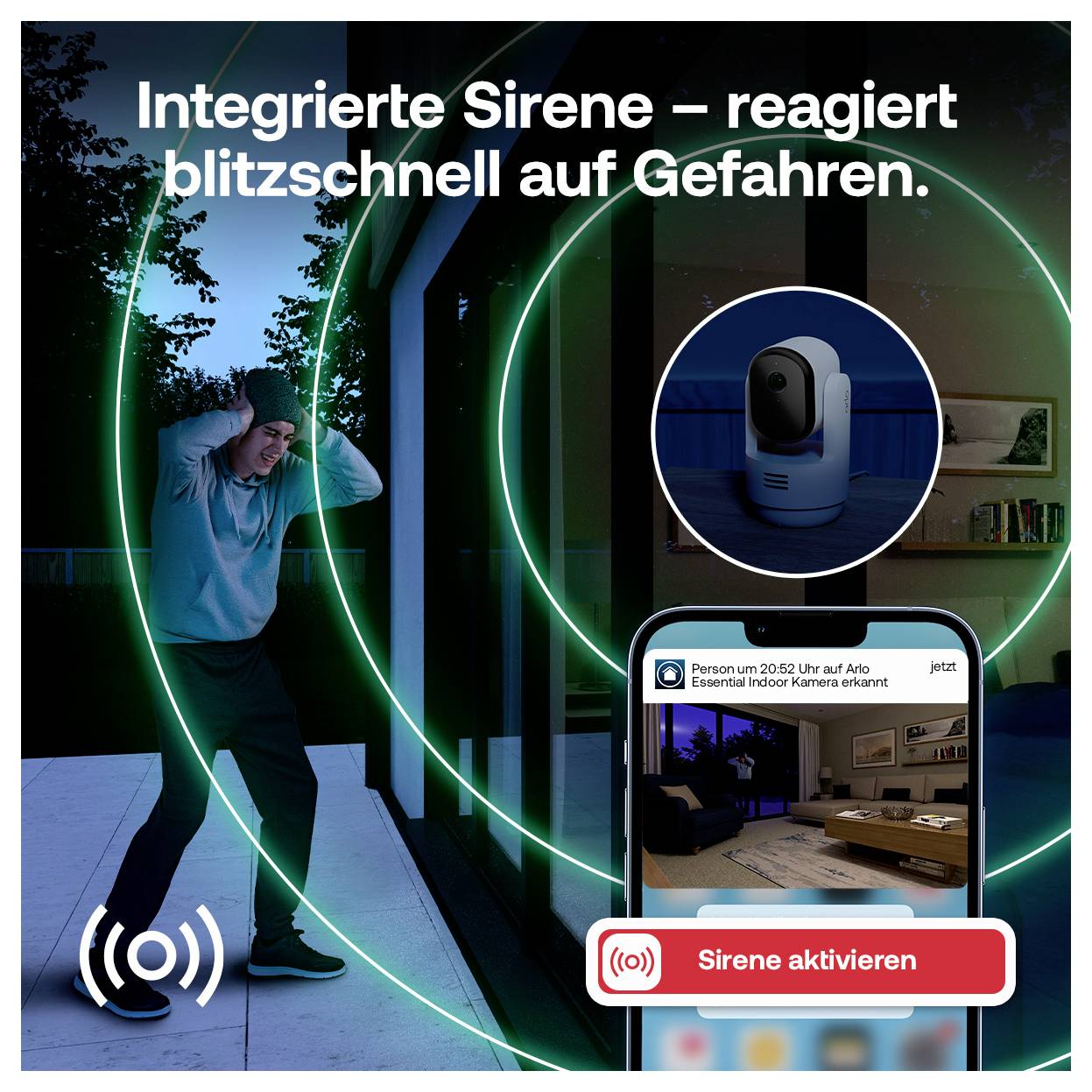Eine Person, die nachts draußen erschrocken ist. Ein Smartphone zeigt eine Benachrichtigung von einer Sicherheitskamera. Text lautet: 'Integers Sirene – reagiert blitzschnell auf Gefahren.'