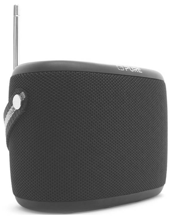 Ein kleiner, tragbarer schwarzer Lautsprecher mit metallenem Deckel und Griff, ausgestattet mit einer Antenne, geeignet zum mobilen Radio- oder Musikhören.