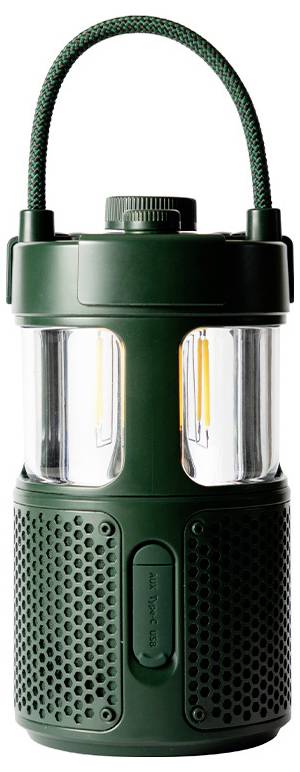 Eine grüne, zylindrische Laterne mit Griff und Maschendrahtdetails. Sie hat einen transparenten Abschnitt, der zwei LED-Lichtstreifen im Inneren sichtbar macht.