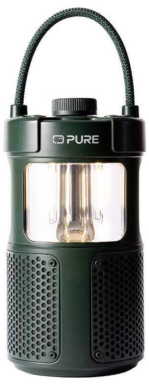 Tragbare grüne Laterne mit geflochtener Handhabung, mit einem transparenten Mittelteil, das die im Inneren befindliche Glühbirne zeigt, mit der Aufschrift "PURE".