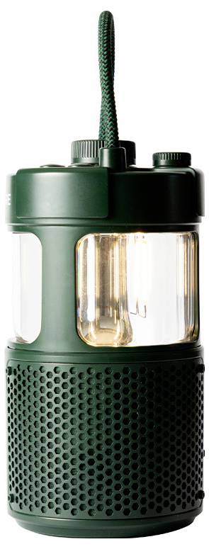 Grüne zylindrische Laterne mit transparenten Abschnitten, die interne Beleuchtungskomponenten zeigt und an einem geflochtenen Seilgriff hängt.