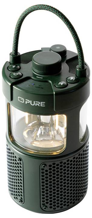 Eine tragbare Laternenstil-Bluetooth-Lautsprecher mit einem leuchtenden Licht im Inneren, mit dem Etikett 'PURE', ausgestattet mit Steuerungstasten auf der Oberseite.