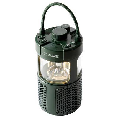 Eine tragbare Laternenstil-Bluetooth-Lautsprecher mit einem leuchtenden Licht im Inneren, mit dem Etikett 'PURE', ausgestattet mit Steuerungstasten auf der Oberseite.