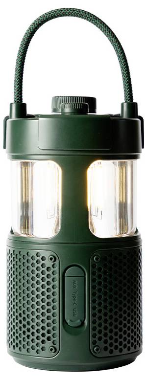 Eine dunkelgrüne, zylindrische Laterne mit einer strukturierten Unterseite und durchsichtigen Seiten, die eine eingeschaltete Glühbirne im Inneren zeigen. Sie hat einen Griff oben auf dem Gehäuse.