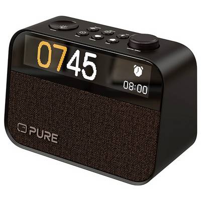 Eine digitale Alarmanlage mit der Anzeige '07:45', wobei die voreingestellte Alarmzeit '08:00' ist. Der Markenname 'PURE' ist auf dem Frontpanel sichtbar.