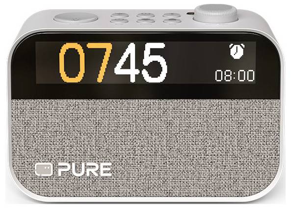 Digitaler Wecker zeigt '07:45'. Alarm auf '08:00' eingestellt. Frontblende aus Stoff mit 'PURE' Logo.