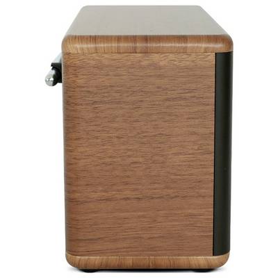 Ein schlanker Holzlautsprecher mit Nussbaumoberfläche, ausgestattet mit einem seitlichen Bedienungsknopf und einem minimalistischen Design, das perfekt für moderne Innenräume geeignet ist.