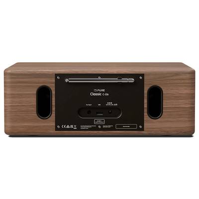 Das Bild zeigt die Rückseite eines Audio-Geräts vom Typ 'Classic C-06' mit Anschlüssen, einschließlich Aux-Eingang und Stromoptionen, auf einer Holzoberfläche.