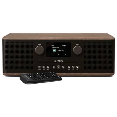 Ein Holz-Digitalradio mit einem Bildschirm, auf dem "DAB Classic Hits" angezeigt wird, zwei Bedienknöpfen, einem Lautsprecher auf jeder Seite und einer Fernbedienung.