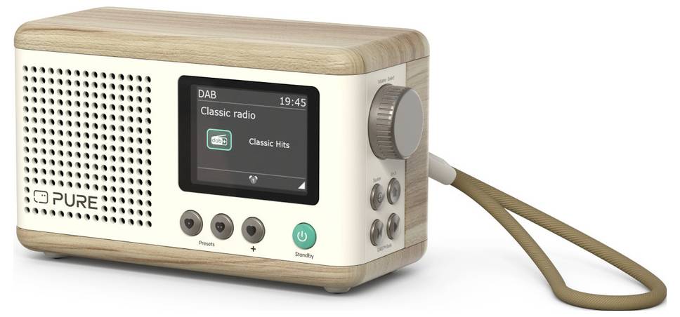 Ein kleines, rechteckiges digitales Radio mit Holz- und Cremefinish, auf dessen Display "Classic Radio" und "Classic Hits" angezeigt werden.