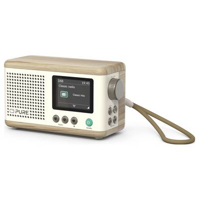 Ein kleines, rechteckiges digitales Radio mit Holz- und Cremefinish, auf dessen Display "Classic Radio" und "Classic Hits" angezeigt werden.