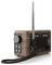 Ein Vintage-Radio im Holzdesign mit Metalantenne und Bedienknöpfen, mit der Aufschrift "Classic Mini".