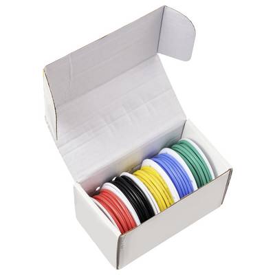 Eine offene Schachtel enthält sechs Spulen Draht in verschiedenen Farben: rot, blau, gelb, schwarz, grün und weiß, die ordentlich nebeneinander angeordnet sind.