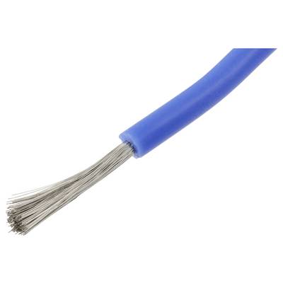 Ein blauer Elektrodraht mit freigelegten silbernen Strängen am Ende, die das innere leitfähige Material offenlegen.