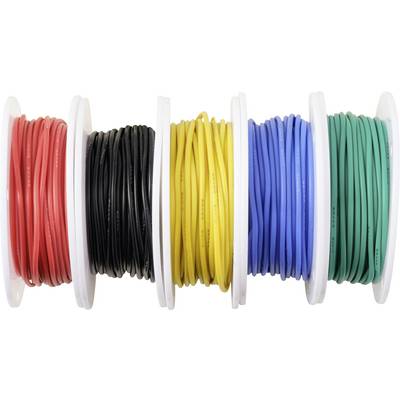Fünf Spulen farbiger Kabel, von links nach rechts: rot, schwarz, gelb, grün und blau, vertikal angeordnet.