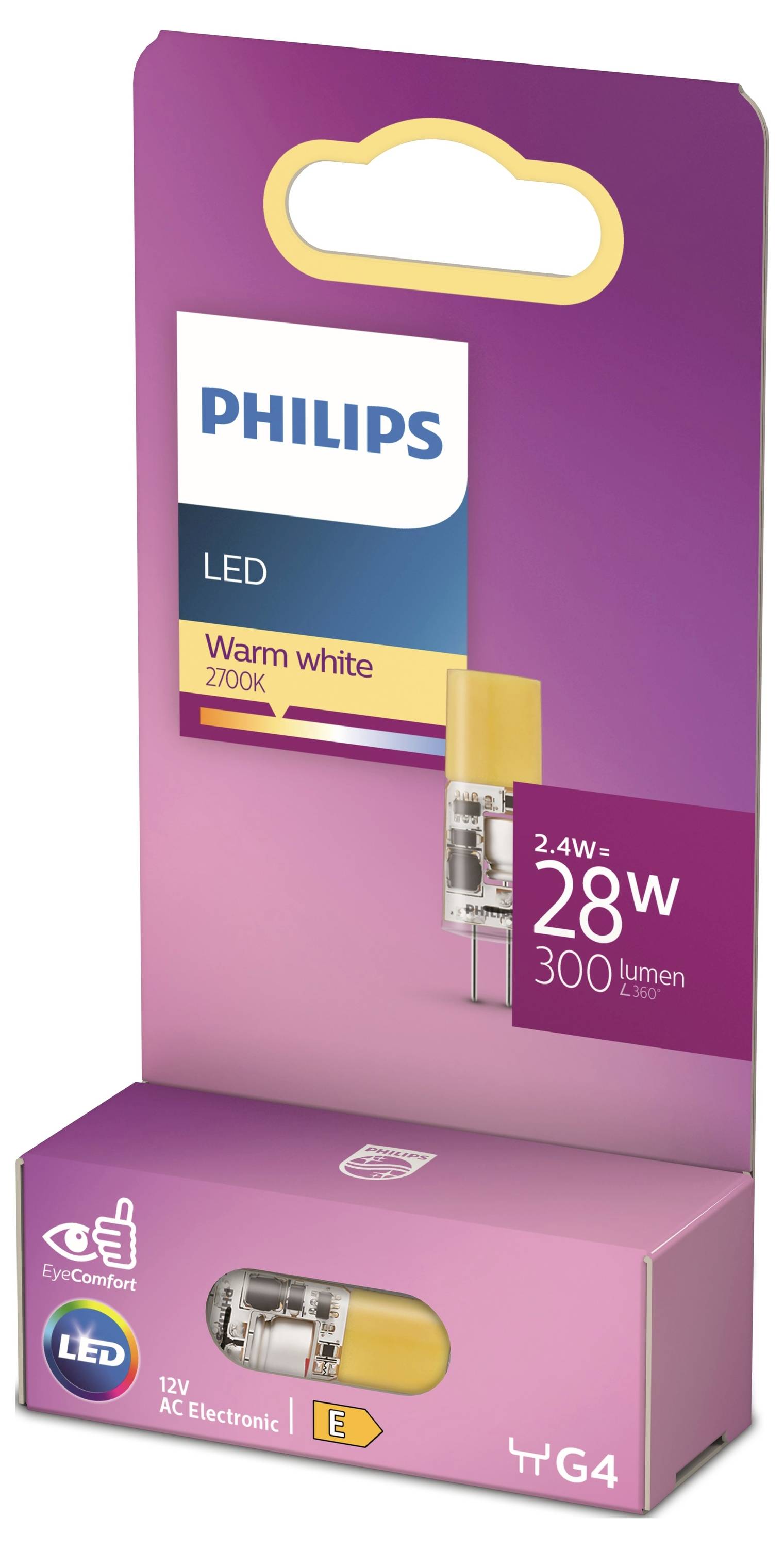 'Philips LED-Lampe in warmweiß, 2,4W entspricht 28W, 300 Lumen, 2700K, mit EyeComfort-Technologie, G4-Sockel, 12V AC Elektronik.'