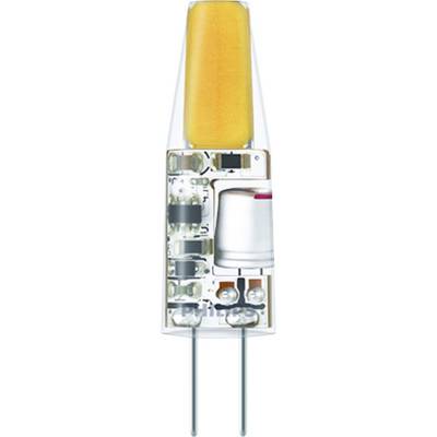 Eine LED-Glühbirne mit einem transluzenten Kapseldesign, bei dem die internen Komponenten sichtbar sind und zwei Metallstifte an der Basis zur Verbindung dienen.