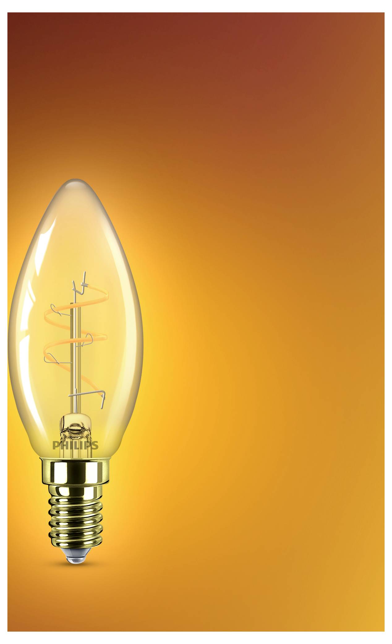 Ein dekoratives Bild einer Philips-Glühbirne mit sichtbarem Glühdraht, vor einem orangefarbenen Verlaufshintergrund.