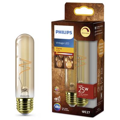 Eine Philips Vintage LED-Flammenlampe neben ihrer Verpackung, die ihre Dimmbarkeit, warme Abstrahlung und 25-Watt-Äquivalenz mit 270 Lumen hervorhebt.