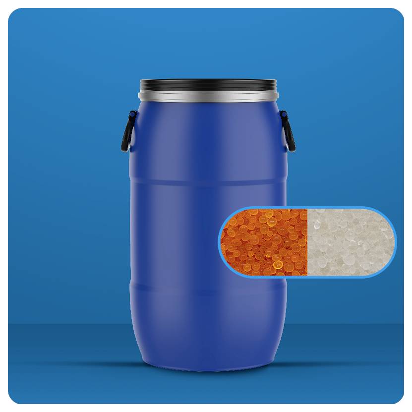 Eine blaue Tonne mit einer Nahaufnahme-Überlagerung, die orange und weiße Granulate im Inneren zeigt, was auf Inhalt oder Verwendung hindeutet.