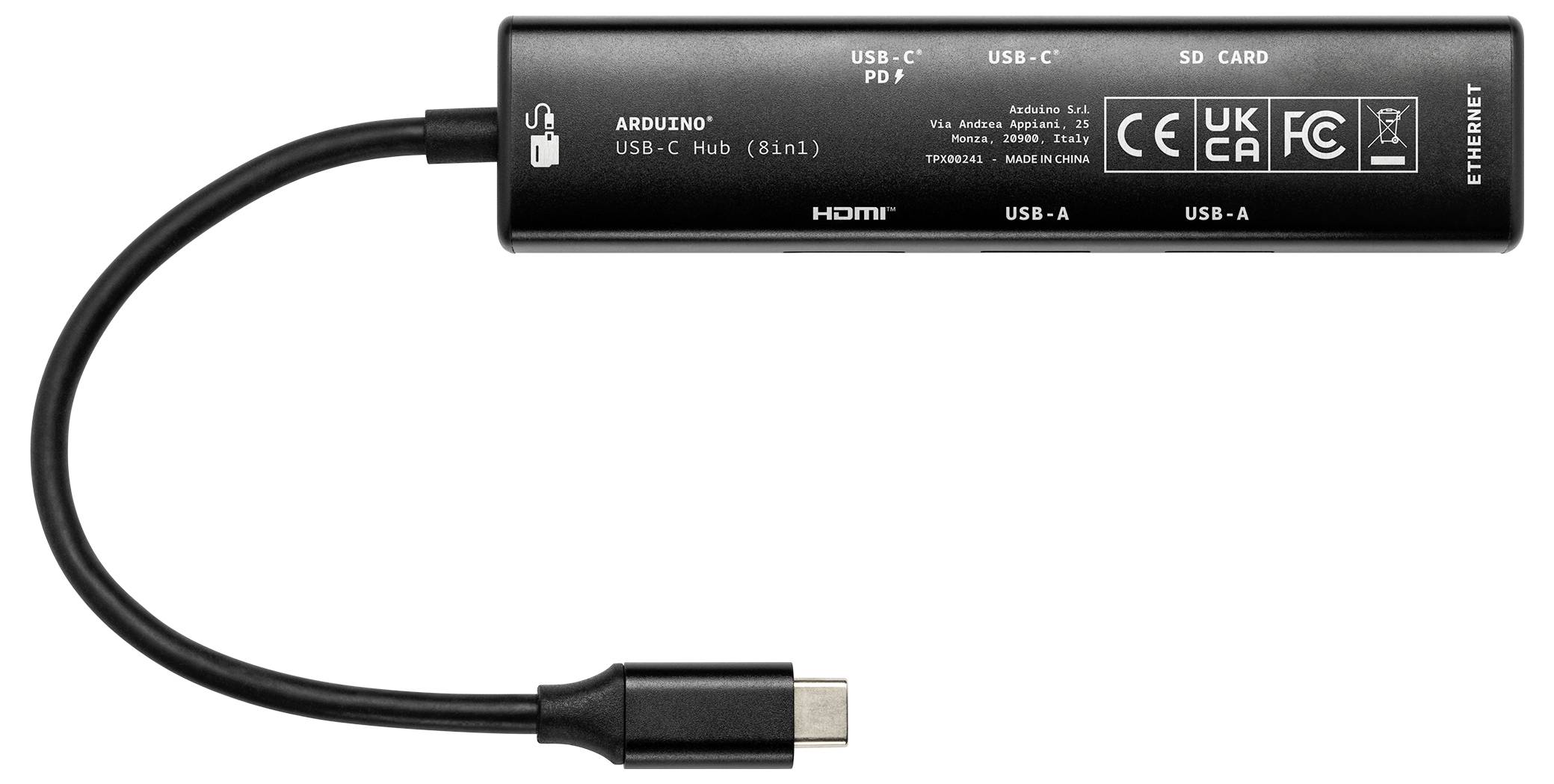 Ein „8-in-1 USB-C Hub" mit kurzem Kabel mit verschiedenen Anschlüssen: USB-C PD, USB-C, SD-Kartensteckplatz, HDMI, USB-A und Ethernet.
