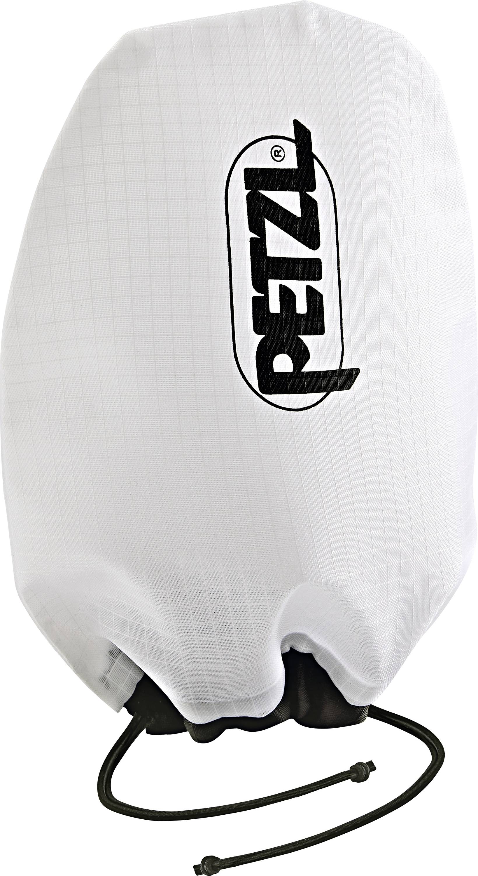 Eine weiße Abdeckung mit dem 'PETZL' Logo, versehen mit Kordelzügen am unteren Ende, wahrscheinlich zum Schutz von Ausrüstung verwendet.