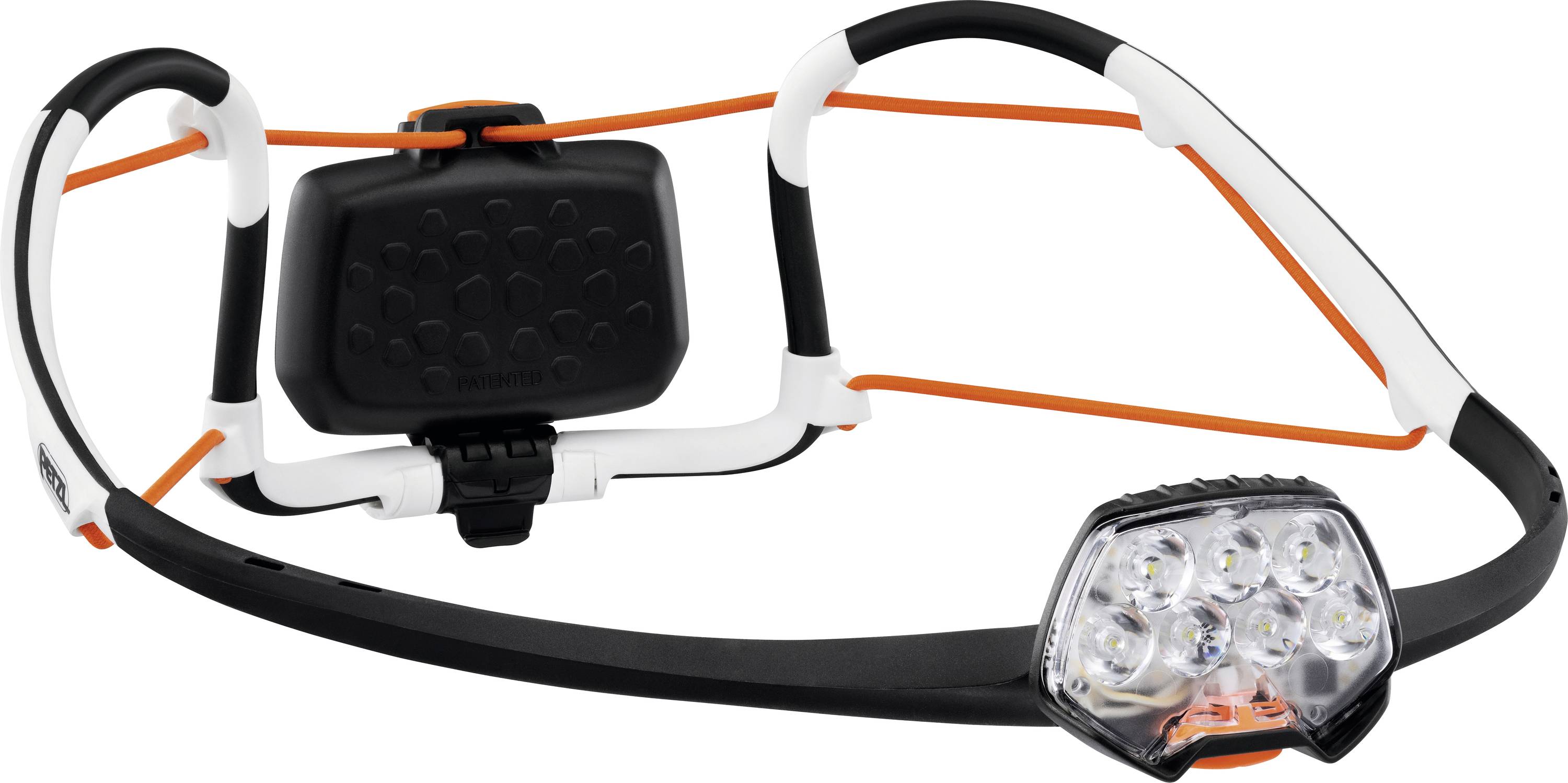 Eine Stirnlampe mit fünf LED-Leuchten und einem verstellbaren, orange-schwarzen Elastikband, entwickelt für beleuchtungsfreie Hände in dunklen Umgebungen.