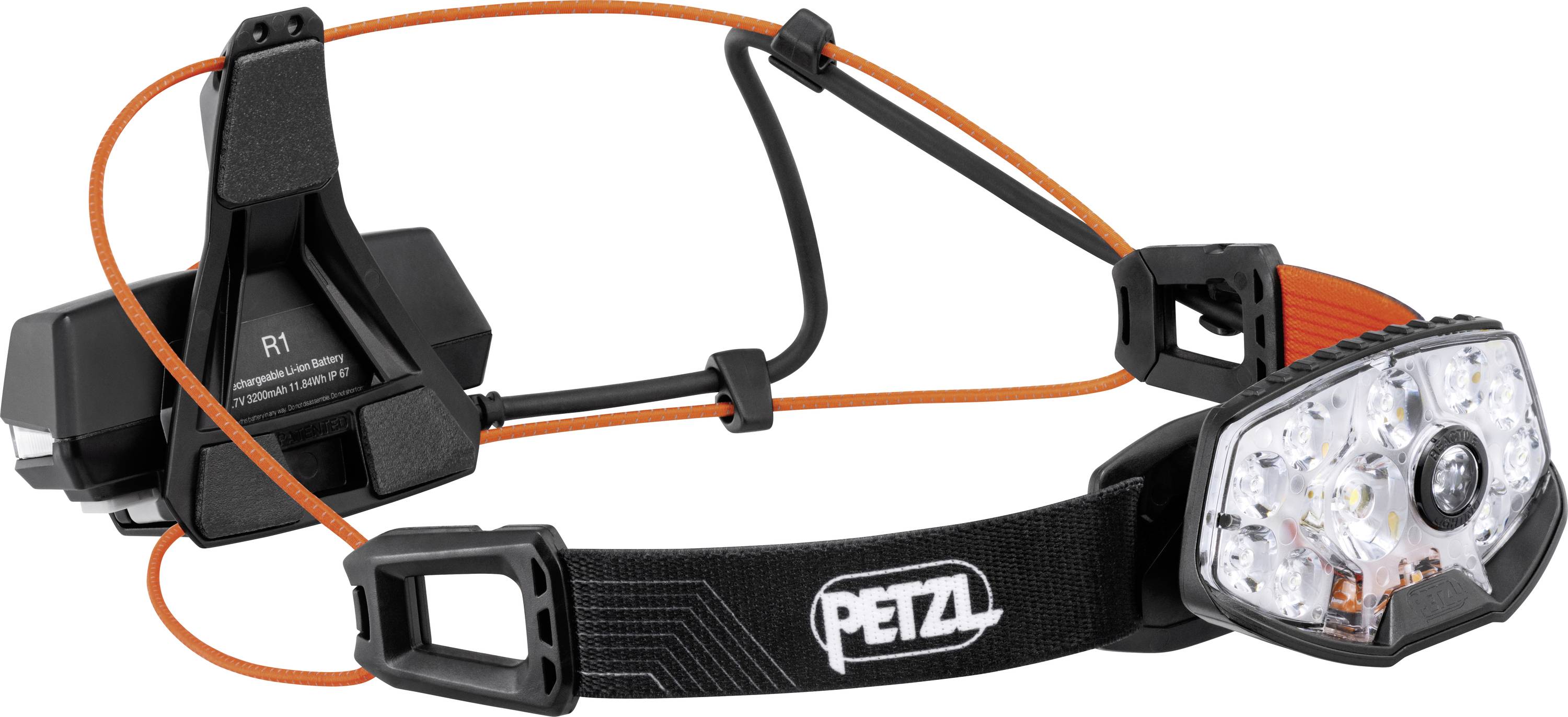 Petzl-Stirnlampe mit verstellbaren Riemen, ausgestattet mit mehreren LED-Leuchten und einem rückseitigen Batteriepack. Entwickelt für beleuchtungsfreie Handbewegungen.