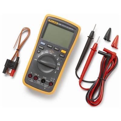 Digitales Multimeter mit Messspitzen und Kabeln, verwendet zum Messen elektrischer Werte wie Spannung, Stromstärke und Widerstand.