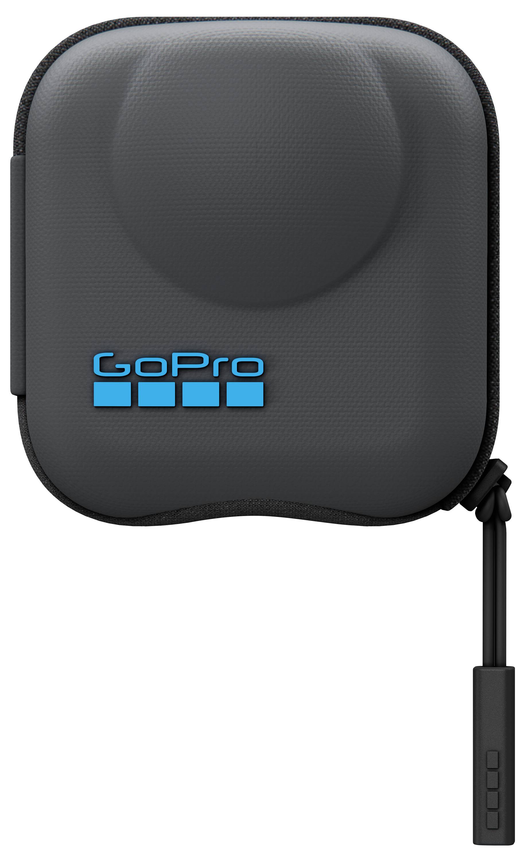 Ein kompaktes, schwarzes GoPro-Schutzetui mit blauem Logo, ausgestattet mit einem Reißverschluss und einem Riemen, das speziell zur sicheren Aufbewahrung einer GoPro-Kamera entwickelt wurde.