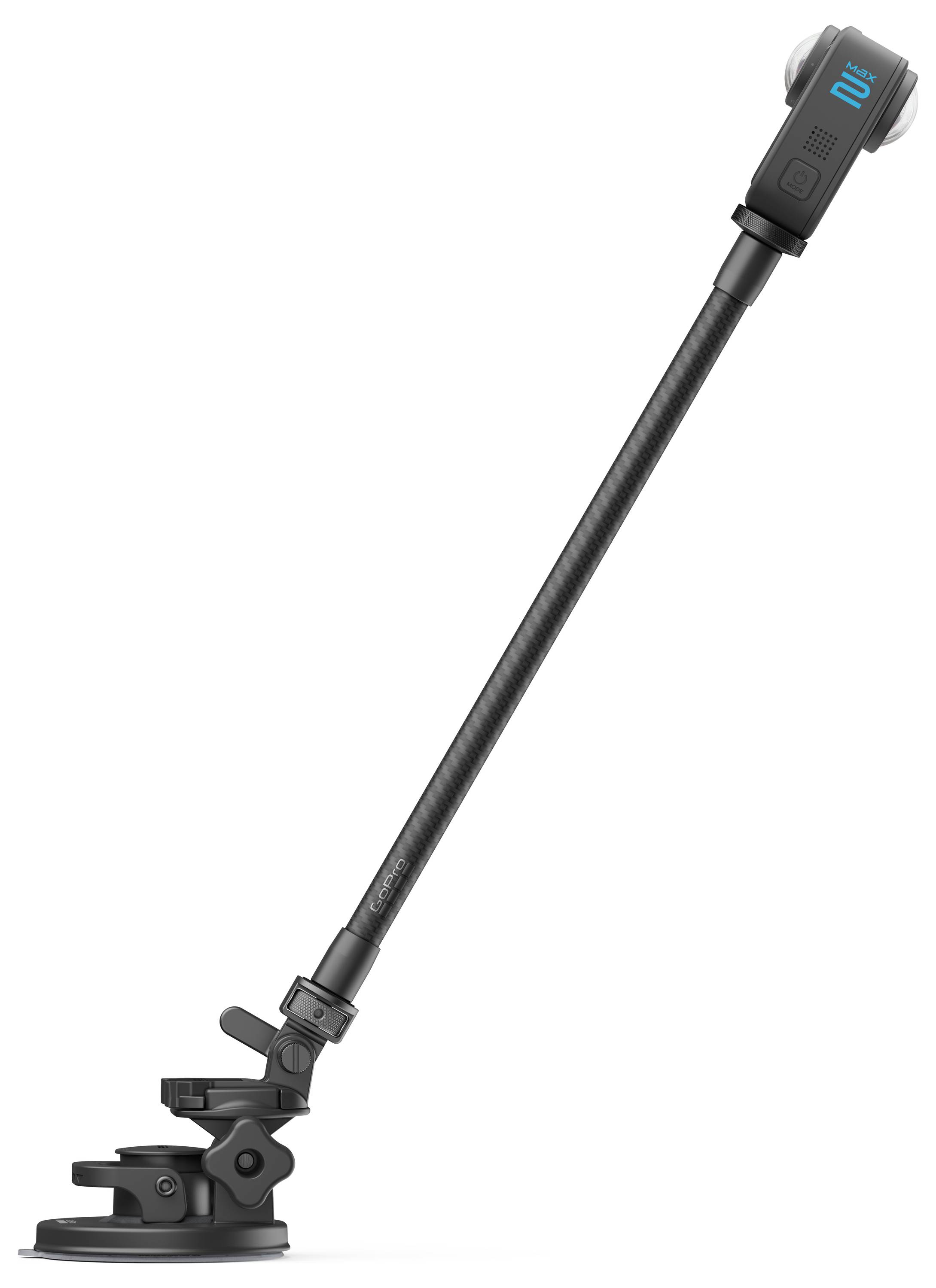 Ein schwarzer, verstellbarer Kamerahalter mit einer Klemmbase und einem digitalen Display in der Nähe der Oberseite, geeignet zum Befestigen von Kameras oder anderen Geräten.