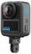 Eine schwarze GoPro Max Kamera mit einem Weitwinkelobjektiv, blauen Akzenten und Bedienungstasten wird gezeigt. Sie ist auf einer Befestigungshalterung montiert.