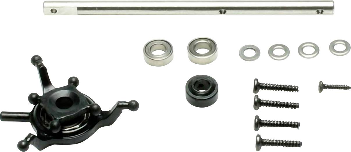 RC-Hubschrauber-Teile wie ein Hauptrotorkopf, Welle, Lager, Unterlegscheiben und Schrauben, auf einem weißen Hintergrund angeordnet.