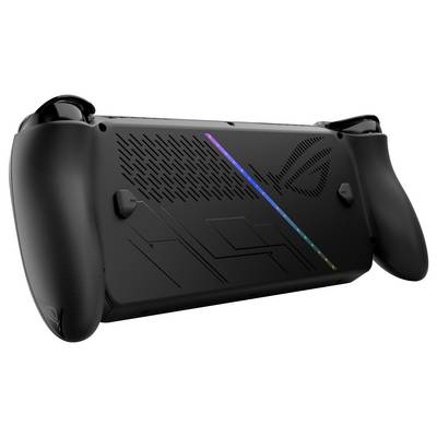 Eine Handheld-Spielekonsole mit ergonomischen Griffen und einem strukturierten Rückenpanel, das mit eingravierten geometrischen Designs und einem RGB-Lichtstreifen versehen ist.