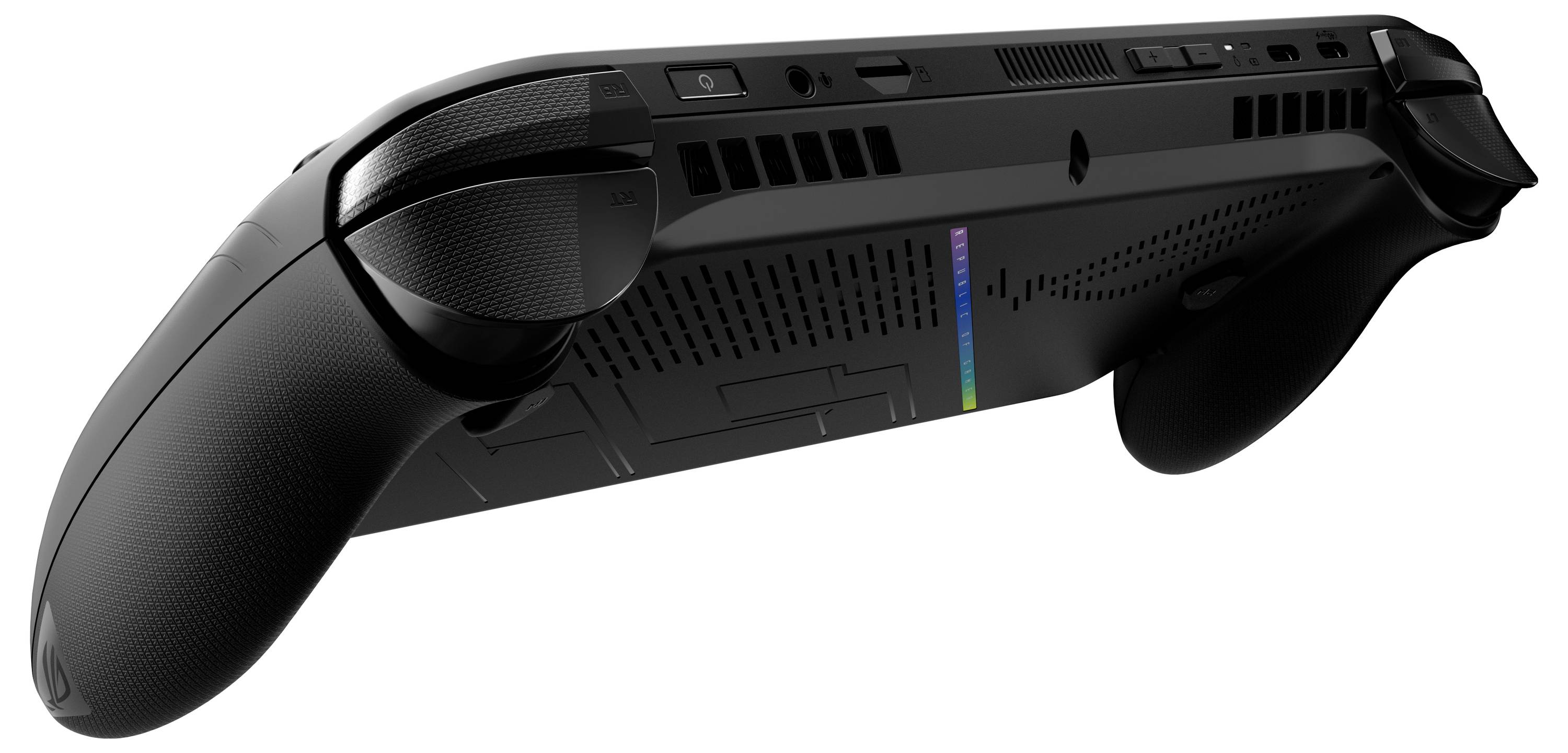 Ein schwarzes Spielgerät mit ergonomischen Bedienelementen, das ein Display an der Vorderseite und mehrere Belüftungsschlitze an der Rückseite zur Kühlung besitzt.