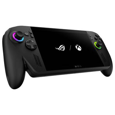 Ein schwarzes tragbares Spielgerät mit einem Bildschirm, auf dem die Logos von 'ROG' und 'Xbox' zu sehen sind, mit bunten Knöpfen und Joystick-Steuerungen.