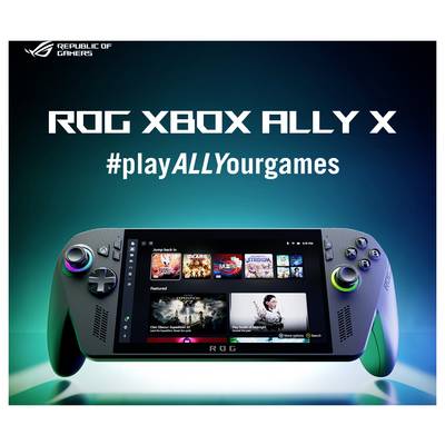 Tragbare Spielkonsole mit Controllern und Display, das eine Spielestore-Oberfläche zeigt. Text liest sich 'ROG Xbox Ally X' und '#spieleALLEDeinespiele'.
