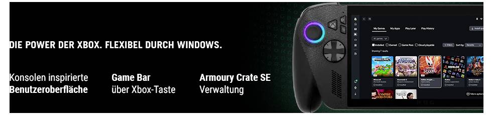 A gaming device screen shows a game library interface. Text reads 'Die Power der Xbox. Flexibel durch Windows.' and related features.<br><br>(Note: This text is already in German and does not require translation.)