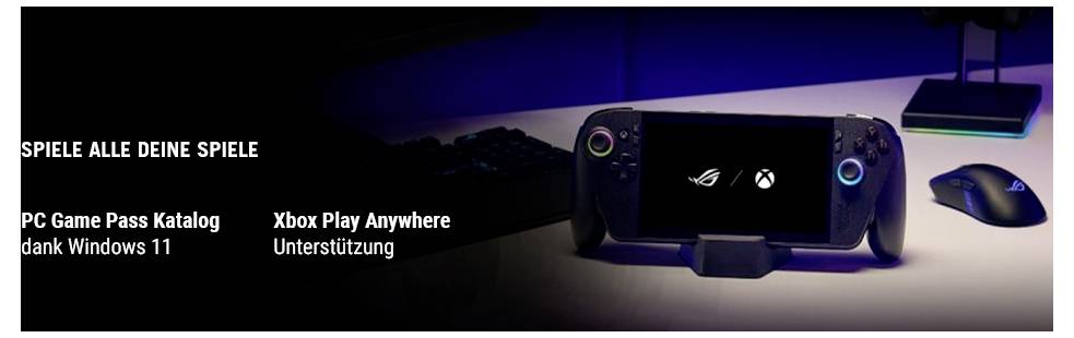 Tragbare Spielkonsole auf einem Tisch neben einer Tastatur und einer Maus, auf dem Bildschirm werden Gaming-Logos angezeigt.