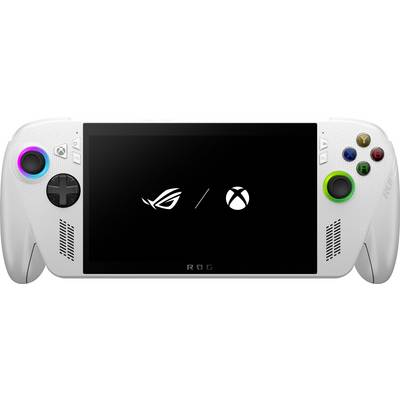Eine weiße tragbare Spielkonsole mit zwei Steuerknüppeln, einem großen zentralen Bildschirm, der 'ROG / Xbox' Logos zeigt, und farbenfrohen Tasten.