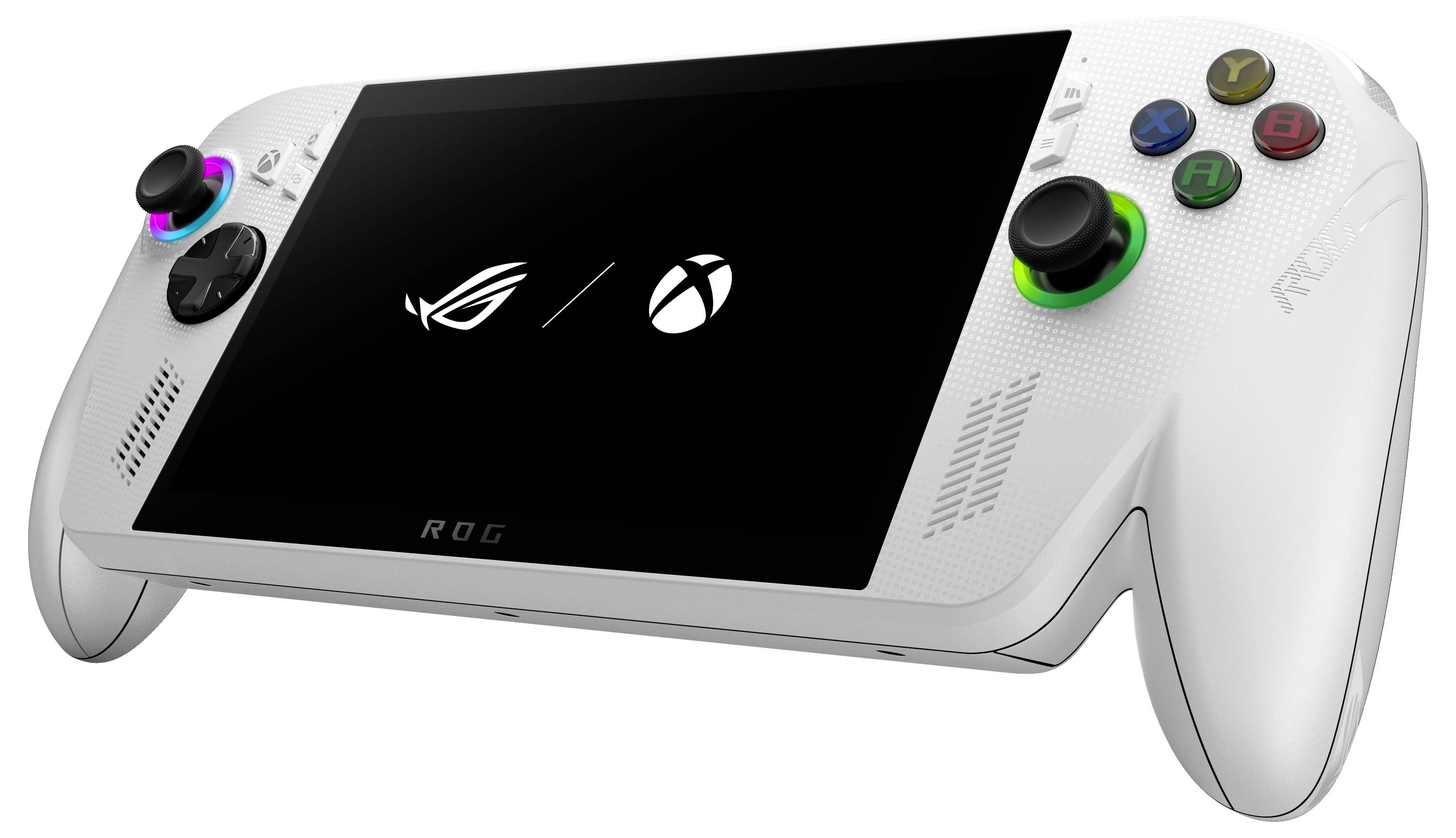 Eine weiße Handheld-Spielkonsole mit einem schwarzen Bildschirm, auf dem die ROG- und Xbox-Logos zu sehen sind, mit mehrfarbigen Tasten und Joysticks.
